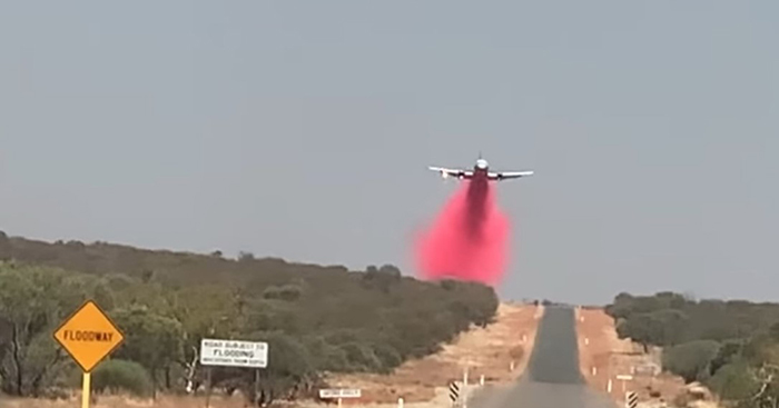 A 737-water bomber flew in from Bunbury 1200km away to drop fire suppressant on the Carnarvon Mullewa Road to keep the main access road open.