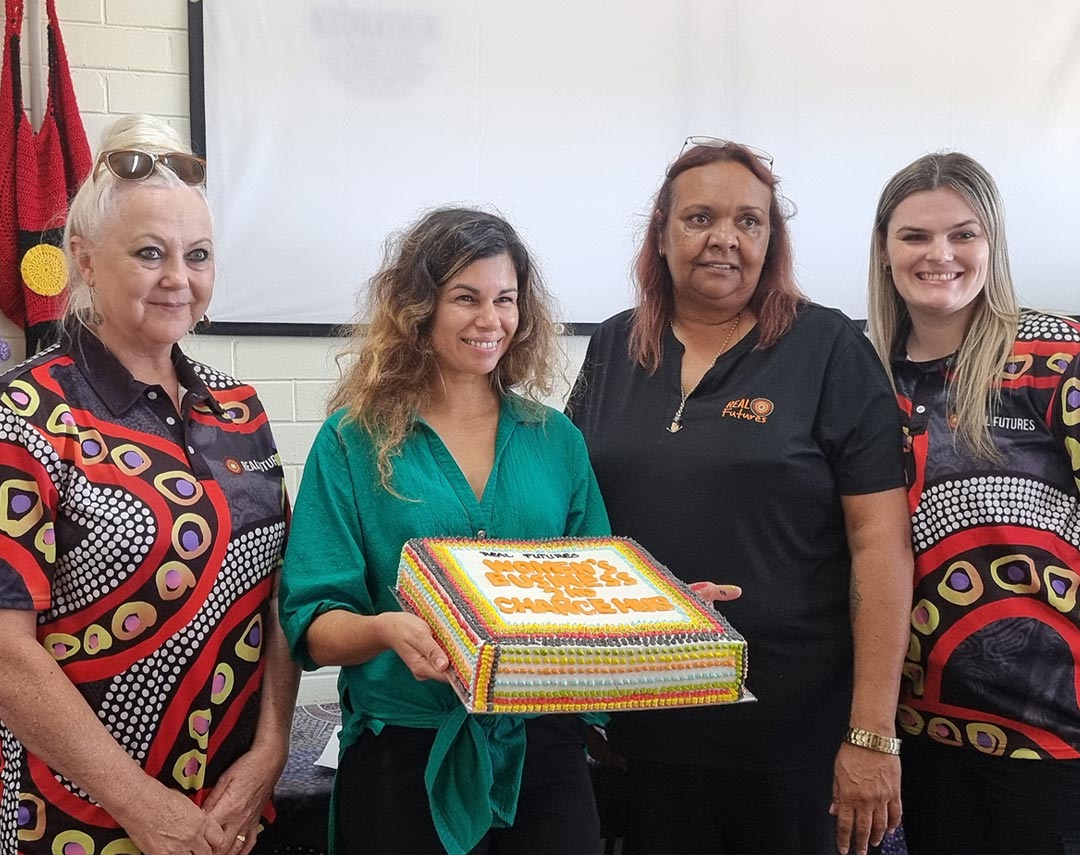 Wendy Yarnold Chair and Founder of Real Futures, Sonali Hedditch SCE Australia Project Manager from UN Women (holding cake), Tracey Tonga Engagement Officer from Real Futures & Christianna Cartwright Acting CEO Real Futures .